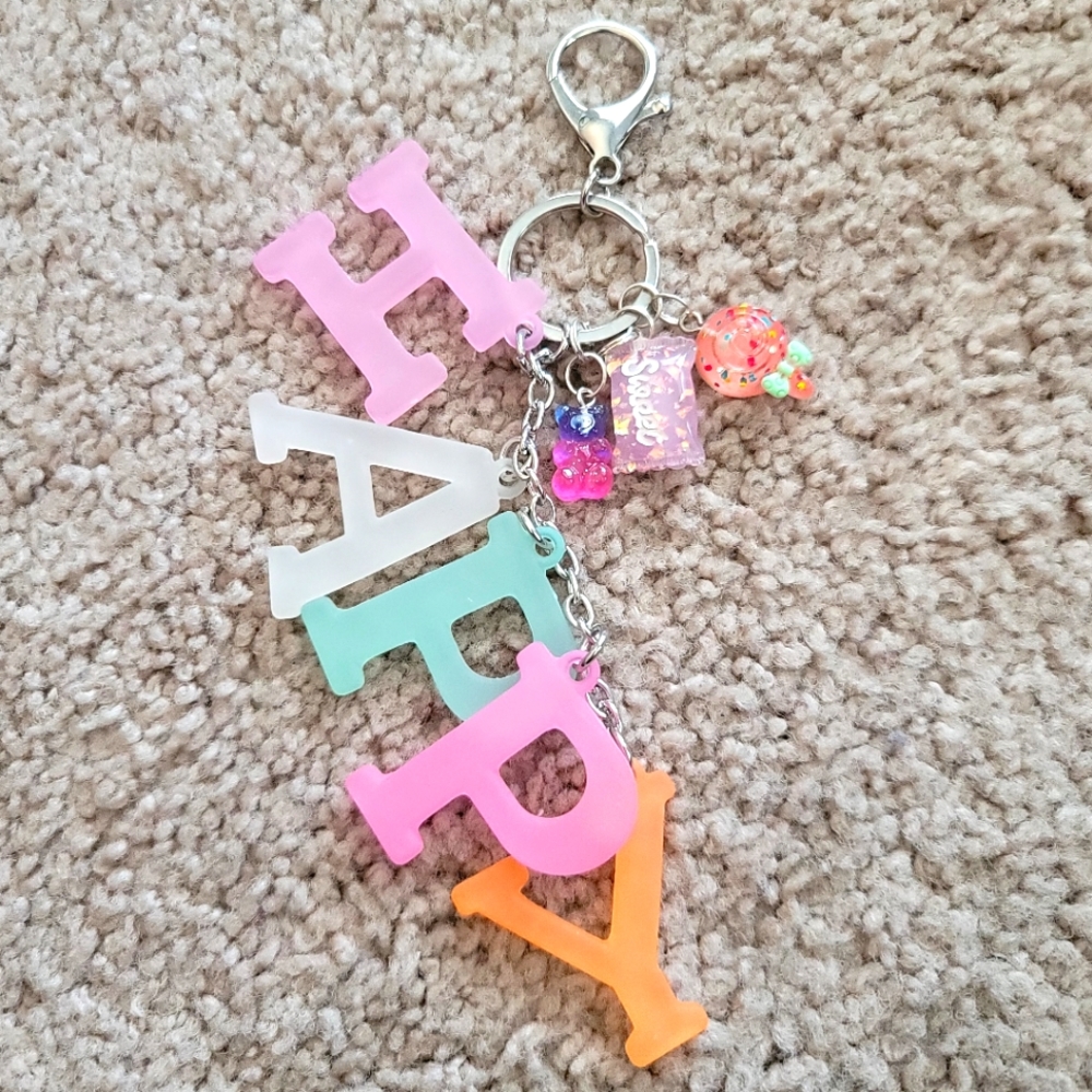 Handmade "Happy" Keychain with resins candy